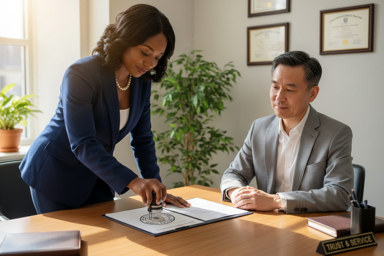 black female notarizing document for customer