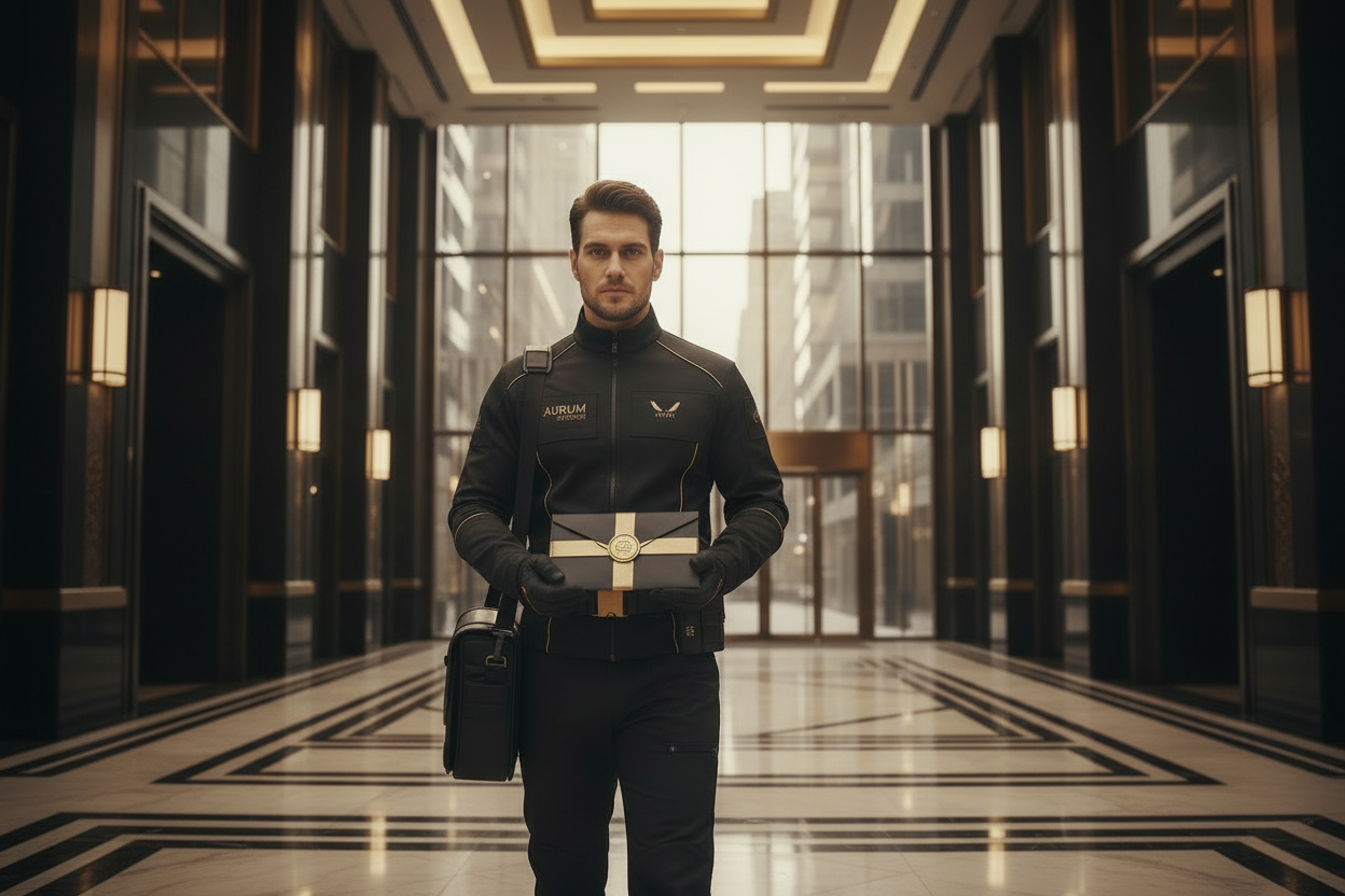 man carries package into office building