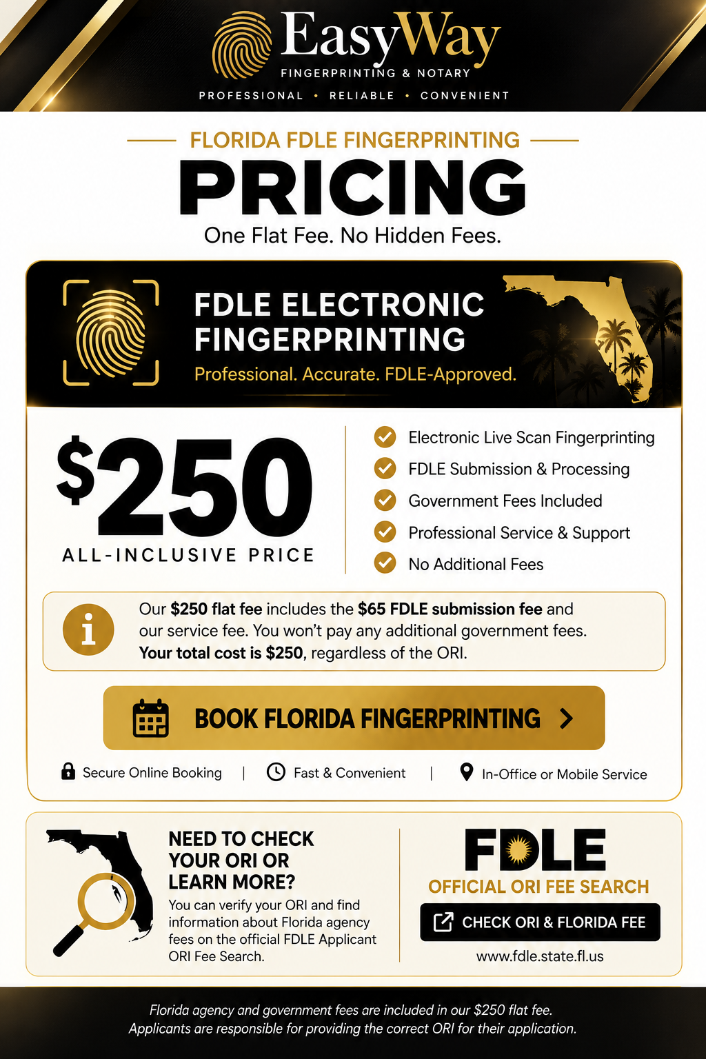 EasyWay Fingerprinting & Notary Florida FDLE Live Scan fingerprinting pricing flyer advertising a $250 all-inclusive flat fee for electronic fingerprinting, FDLE submission, government processing fees, and professional service. Available in New York for Florida background checks.