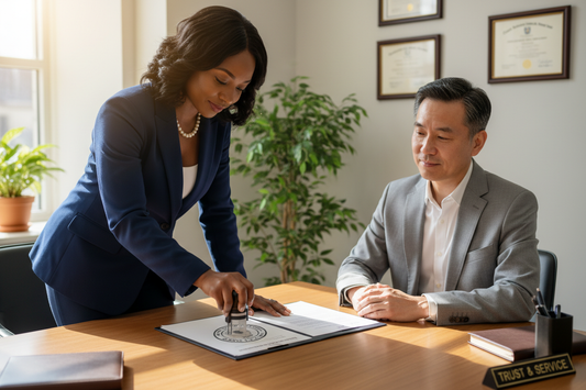 black female notarizing document for customer