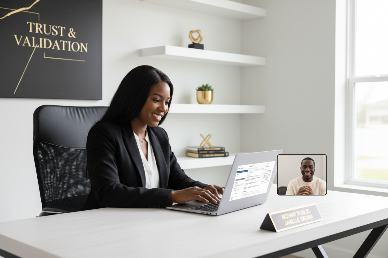 Black electronic notary conducting a remote online notarization