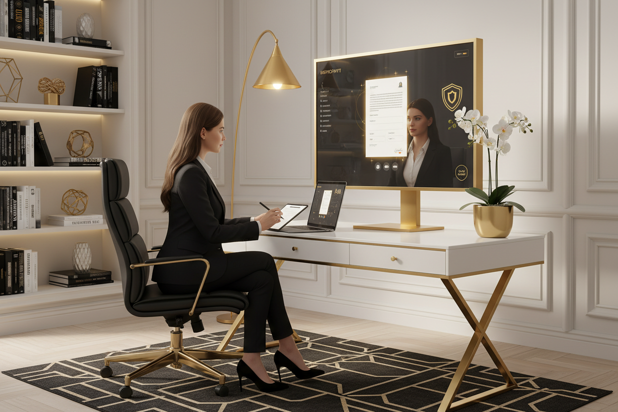 A woman in a black suit sits in a black office chair at a white desk with gold legs, working on a laptop beside a large gold-framed monitor showing a video call. The room has white paneled walls, built-in shelves with books and decor, a gold floor lamp, and a potted white orchid on a patterned rug.